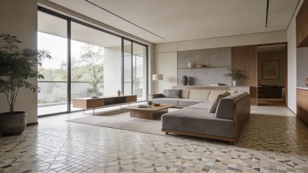 mid century modern living room with subtle mosaic tile flooring neutral tones wood accents and large glass windows
