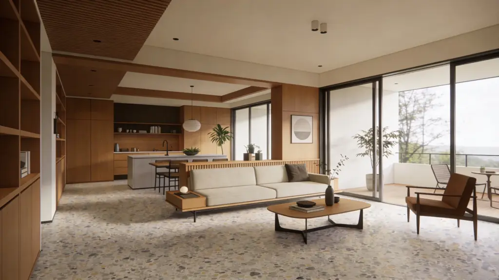 mid century modern living room with terrazzo flooring neutral base with subtle speckled pattern minimalist furniture and natural light
