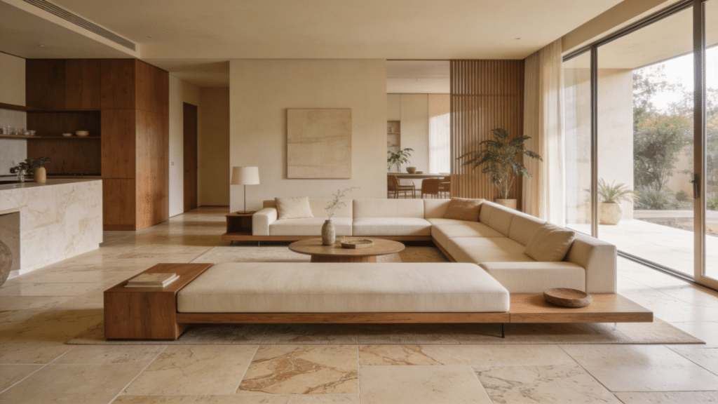mid century modern living room with travertine flooring in warm beige tones and large sunlit windows