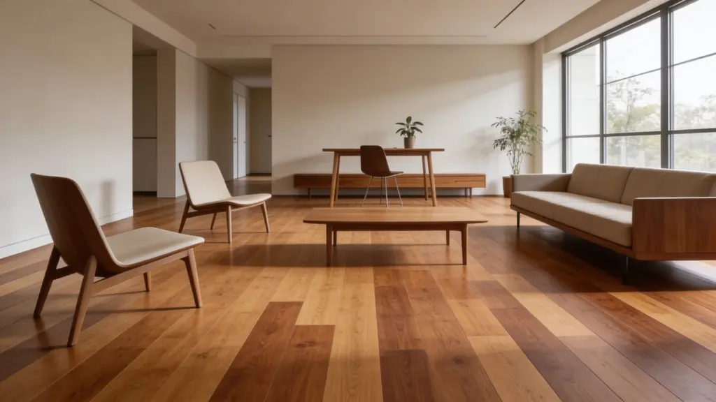 mid century modern living room with vinyl plank flooring in warm wood tones minimalist furniture and large windows with natural light