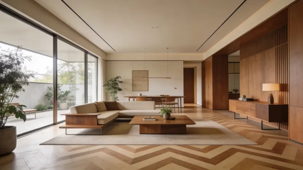 mid+century+modern+living+room+with+chevron+wood+flooring+warm+tones+minimalist+furniture+and+large+windows+highlighting+mid+century+modern+flooring+