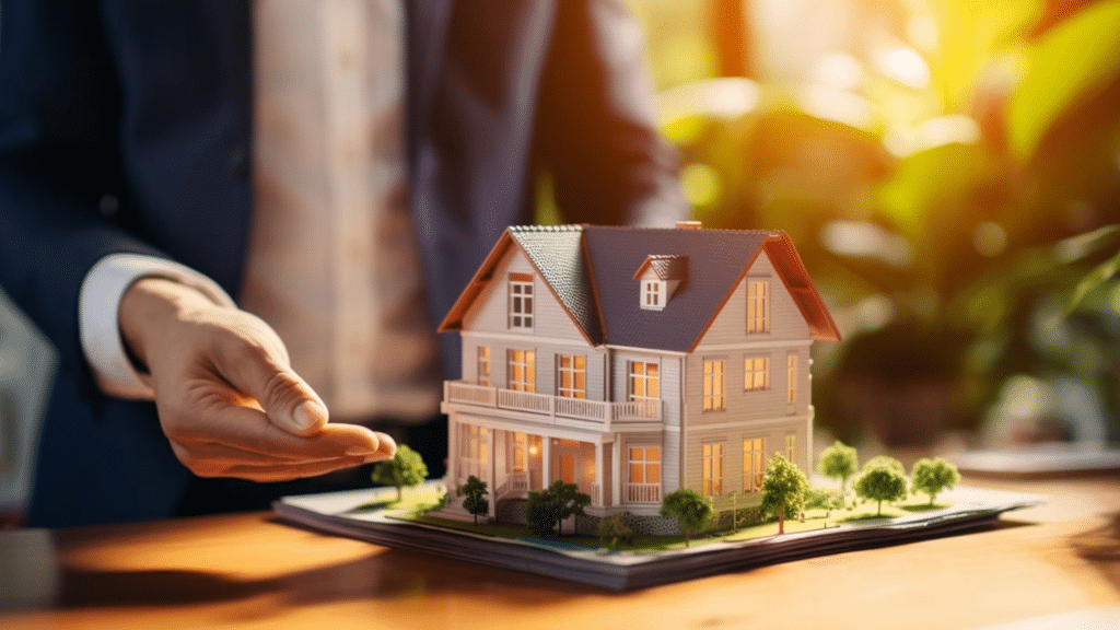 miniature house model on table representing real estate investment and home ownership