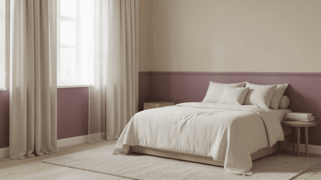 minimal bedroom with bed soft linens beige and mauve walls curtains window light and small wooden side table
