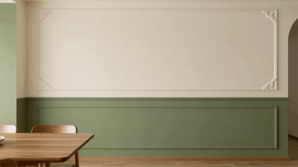 minimal dining area with wooden table green and cream paneled walls decorative molding and soft natural light