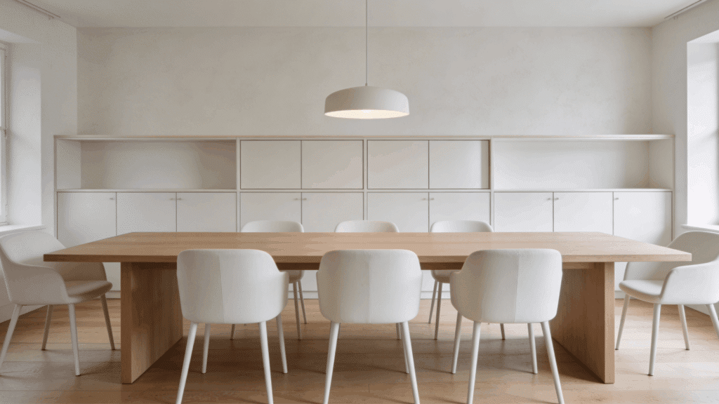 minimal dining room with wooden table white chairs and built in cabinets under soft lighting in a clean modern interior