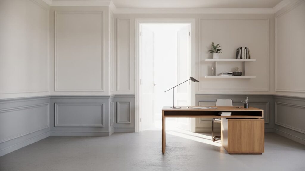 minimal home office with wooden desk and wall panels displaying two tone wall colors examples in soft grey and white tones