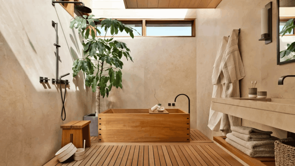 41 Japanese Bathroom Design Ideas You Will Love minimal japanese bathroom design with wooden soaking tub indoor plant wall shower and soft natural light