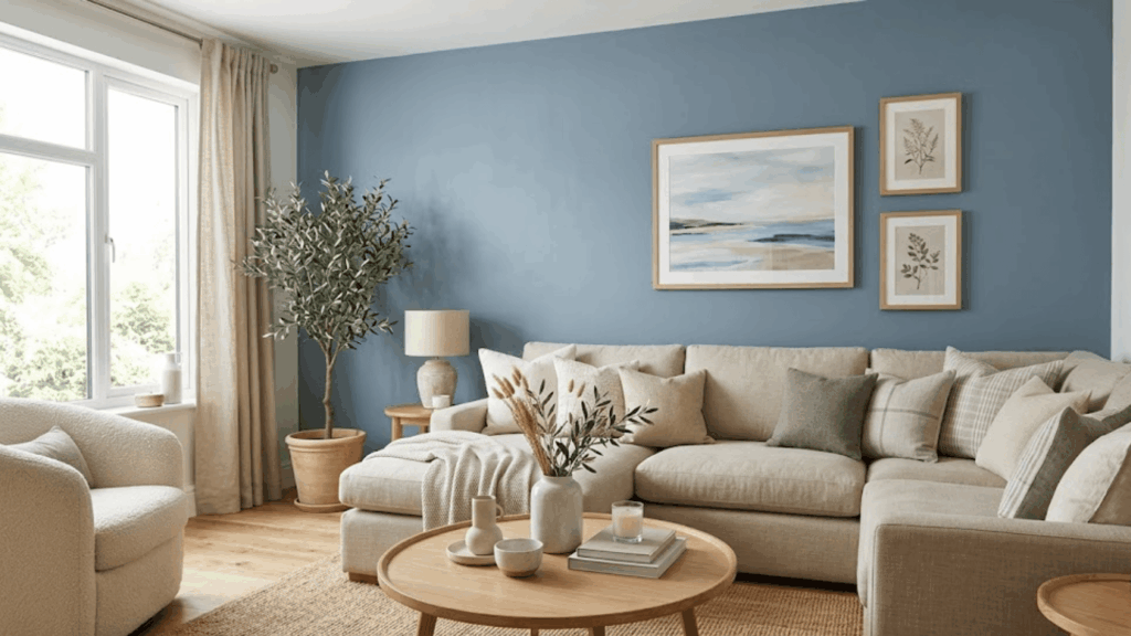 minimal living room with blue wall beige sofa wooden table plants and soft natural lighting