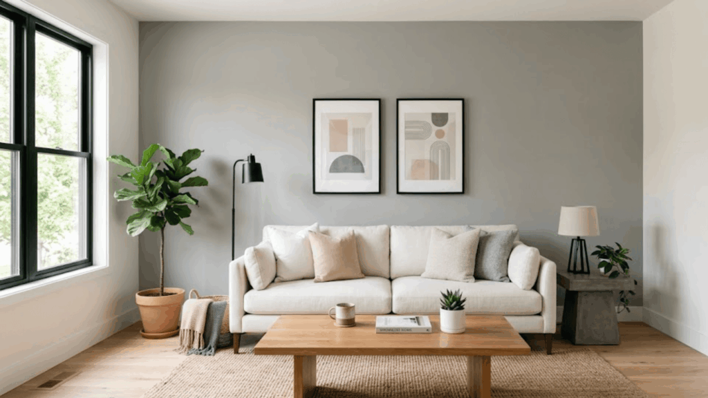 minimal living room with gray wall beige sofa wooden table plants and framed wall art