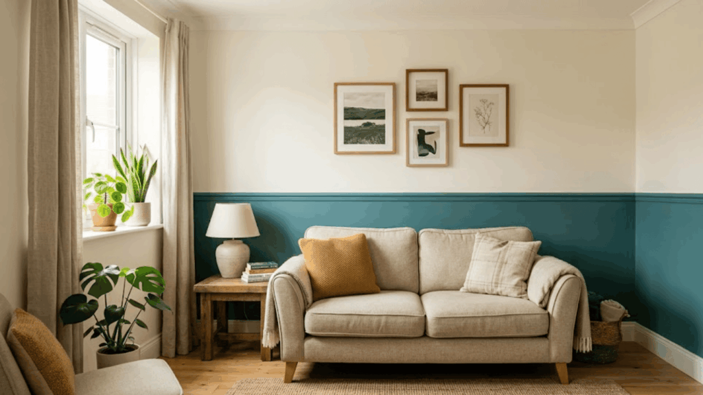 minimal living room with green lower wall beige sofa framed art and soft natural lighting