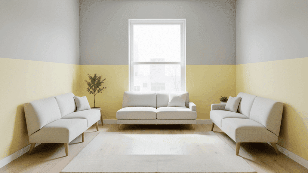 minimal living room with three light sofas yellow and gray walls indoor plant and soft daylight through window
