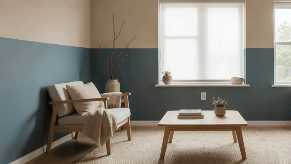 minimal living room with wooden chair coffee table soft rug blue and beige walls and natural window light