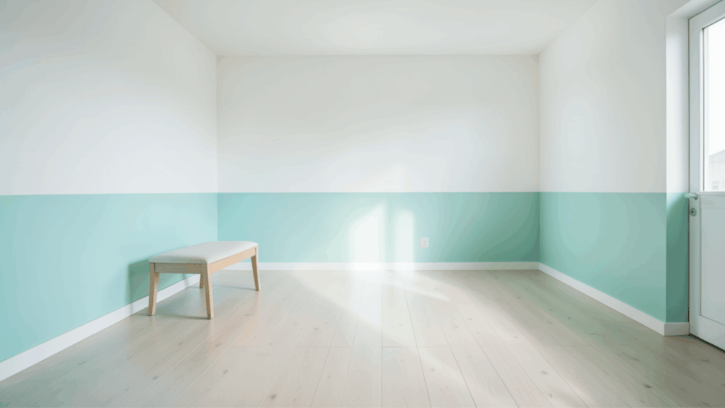 minimal room with light wood bench blue and white walls empty space and soft sunlight near glass door