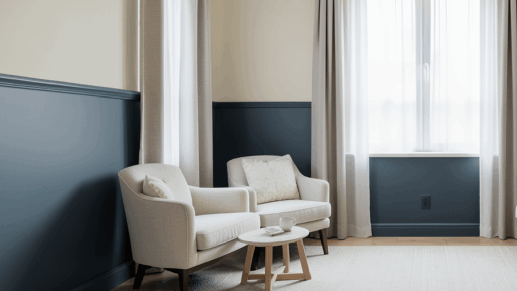 minimal room with two armchairs small table blue and cream walls curtains and soft natural light from window
