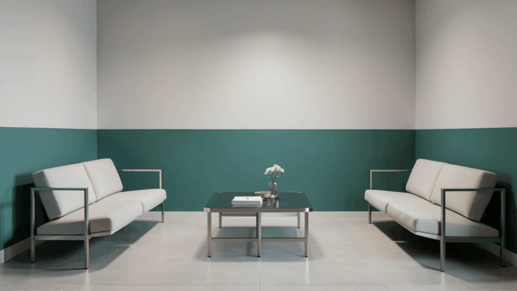 minimal room with two white sofas glass table green and white walls recessed ceiling lights and simple decor