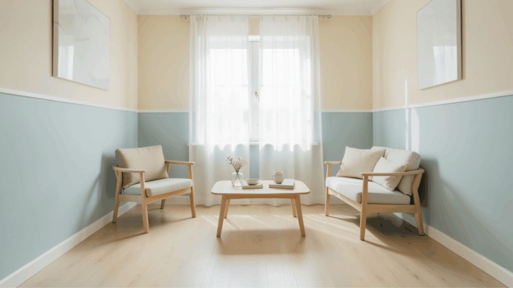 minimal room with two wooden chairs small table blue and cream walls sheer curtains and soft natural light