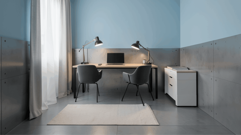 minimal workspace with desk laptop two chairs lamps blue walls concrete panels and soft light from window