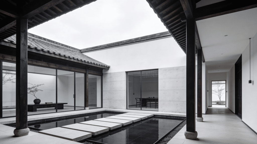 minimalist courtyard house with water feature and wooden beams