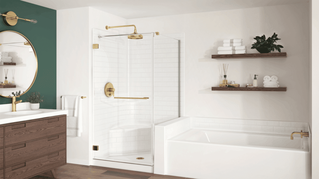 modern bathroom with white bathtub glass shower wood vanity and gold fixtures reflecting clean minimalist japanese bathroom design