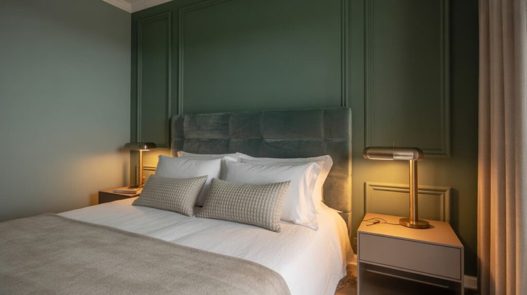 modern bedroom interior with bed side lamps and green accent wall showcasing stylish two tone wall colors examples for home decor