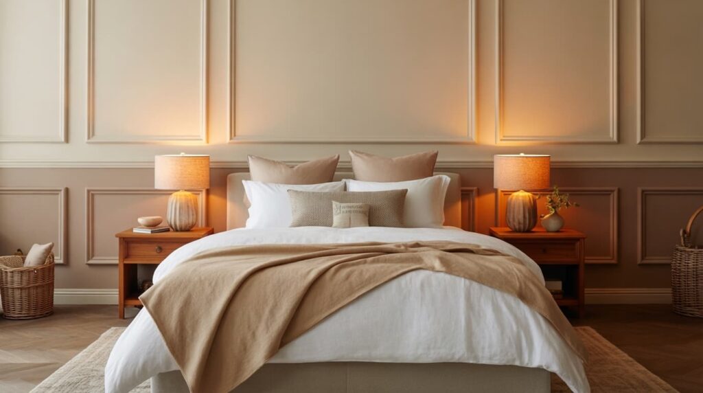 modern bedroom with beige bedding wooden nightstands and decorative panels showing two tone wall colors examples in soft neutral shades