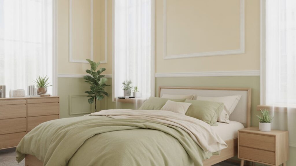 modern bedroom with green and beige wall panels showing two tone wall colors examples with wooden bed soft bedding and indoor plants