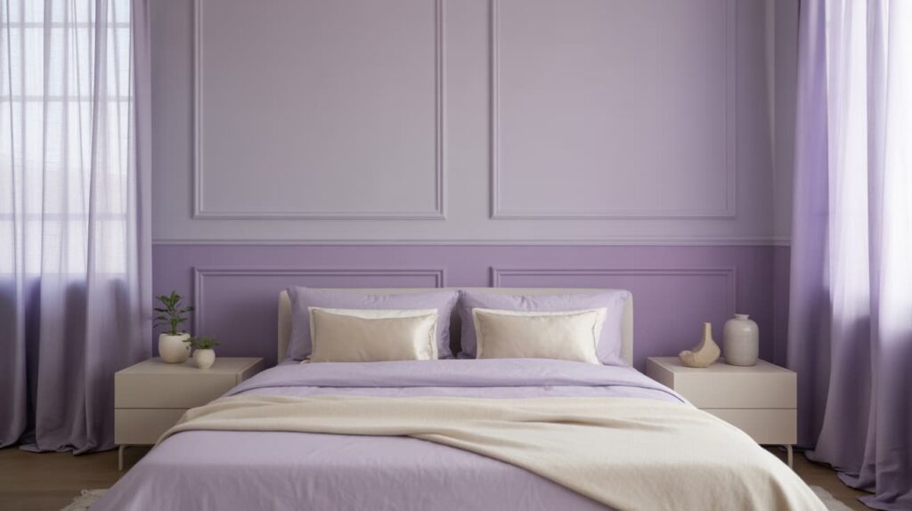 modern bedroom with lavender and white two tone wall colors examples featuring paneled wall design soft bedding and minimal decor