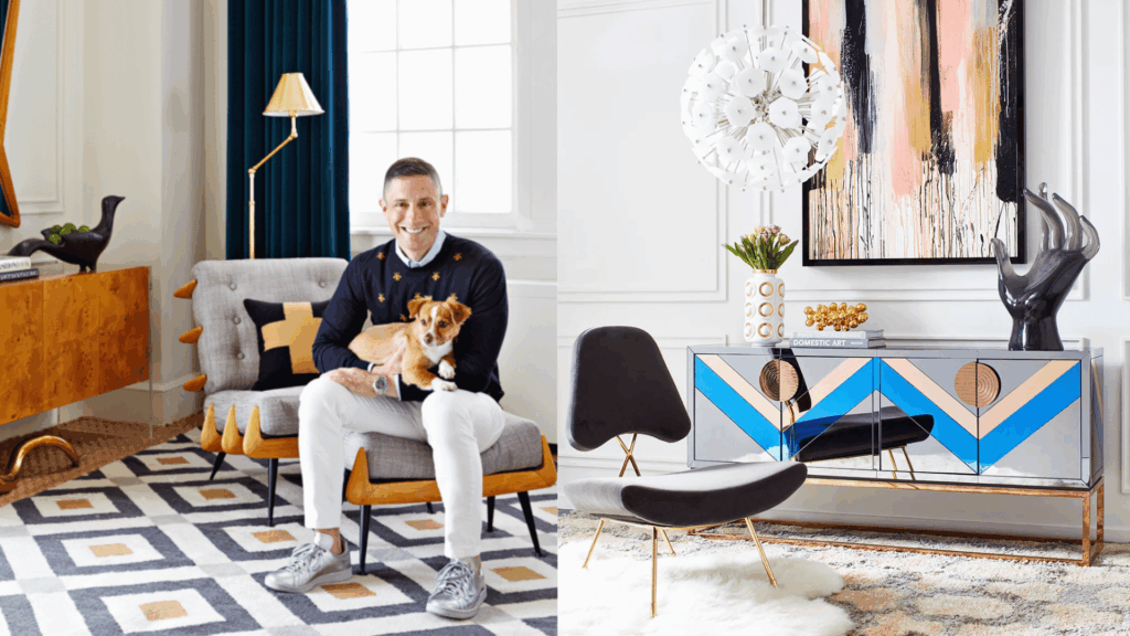 modern bright room with bold art and stylish furniture arrangement