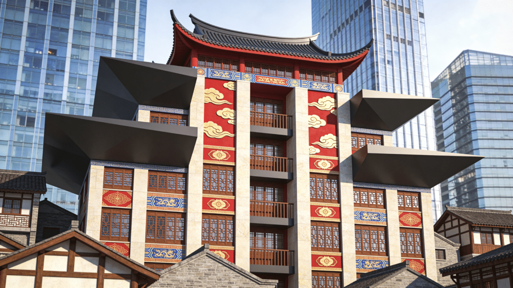 modern building with traditional chinese facade and design