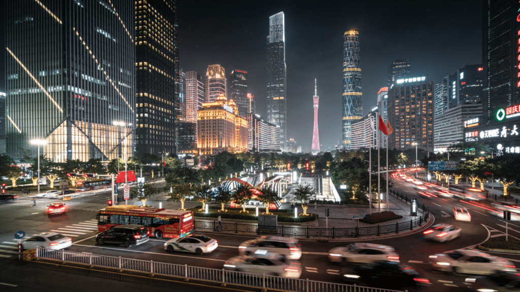 modern chinese city skyline at night with traffic lights