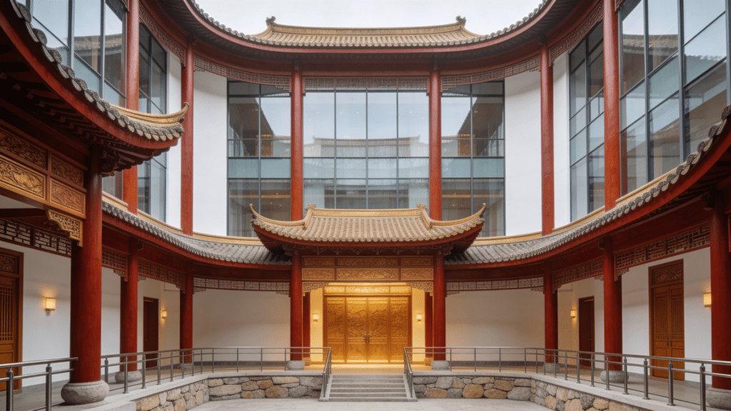modern chinese skyline with futuristic curved building and skyscrapers