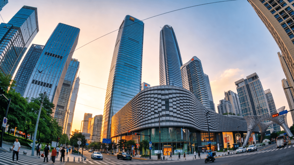 modern chinese skyline with futuristic curved building and skyscrapers