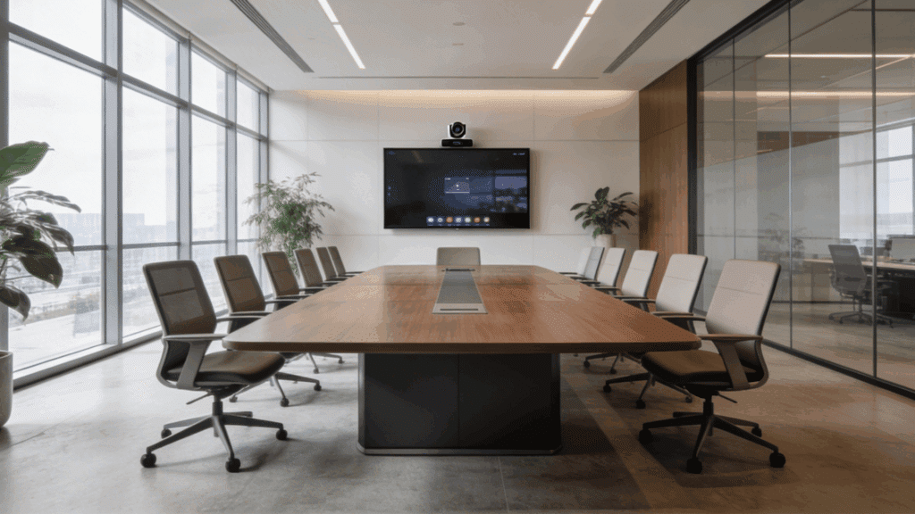 modern conference room design with long wooden table chairs large windows and screen in a bright office space