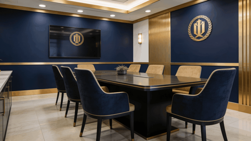 modern conference room with blue walls gold accents logo display and table surrounded by upholstered chairs in a corporate office