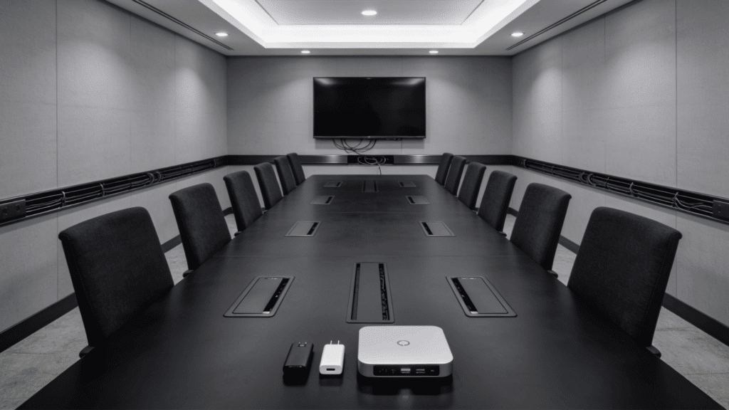modern conference room with long black table chairs wall mounted screen and visible cable management in a sleek office space