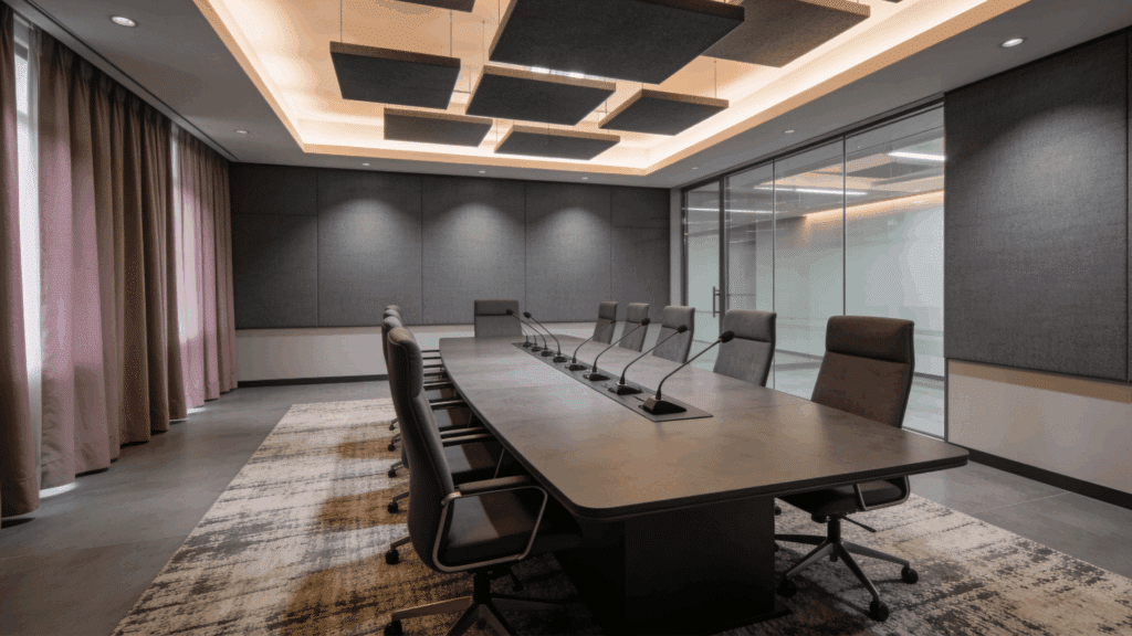 modern conference room with long table chairs and microphones acoustic panels on ceiling and walls in a professional meeting space