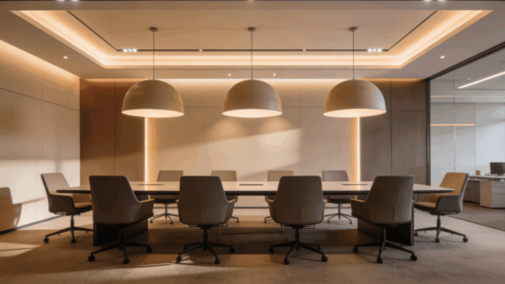 modern conference room with long table chairs and three pendant lights creating a warm professional meeting space