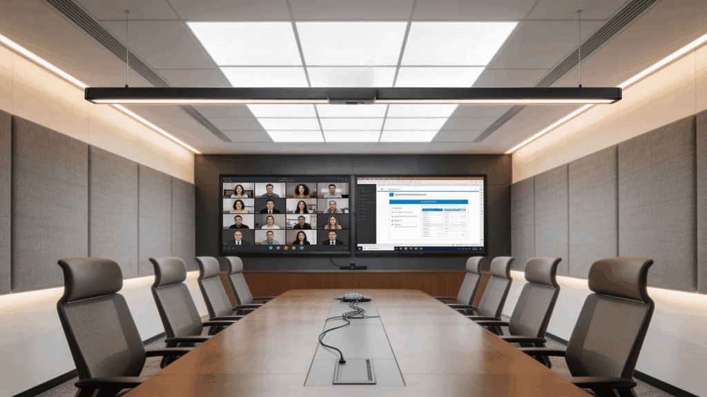 modern conference room with long table chairs video call screens and camera system in a high tech meeting space