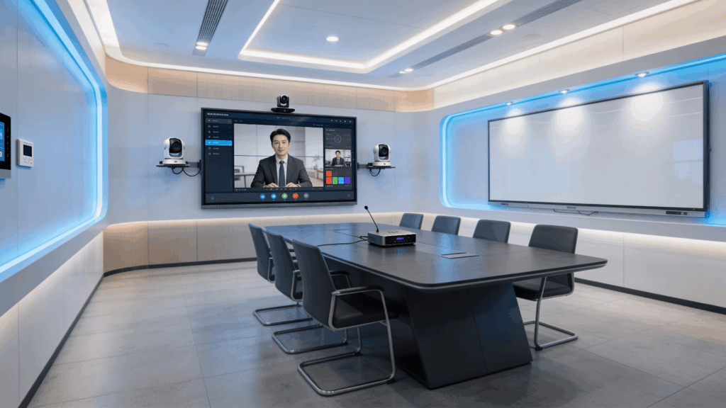 modern conference room with video call screen camera equipment and sleek table surrounded by chairs in a high tech office