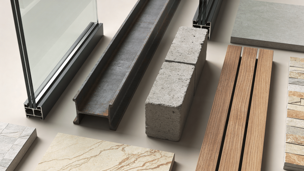 modern construction materials including glass steel concrete and wood