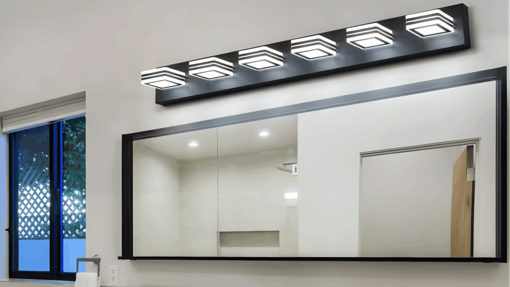 modern double sink vanity with large mirror and geometric led light fixture in clean minimalist japanese bathroom design style