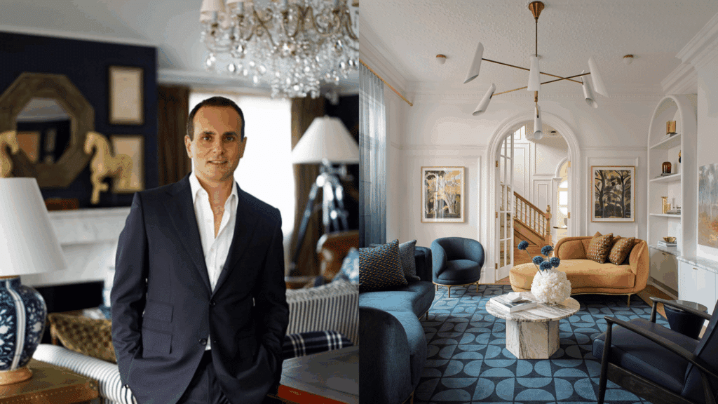 modern formal portrait with blue accent living room and geometric carpet style