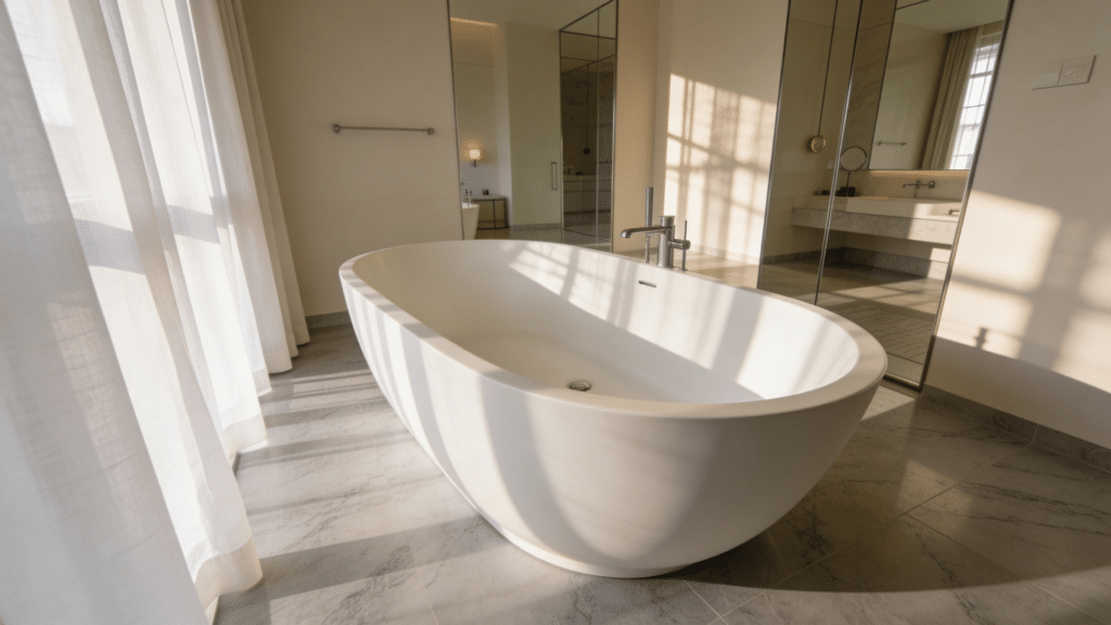 modern freestanding bathtub in spacious sunlit bathroom