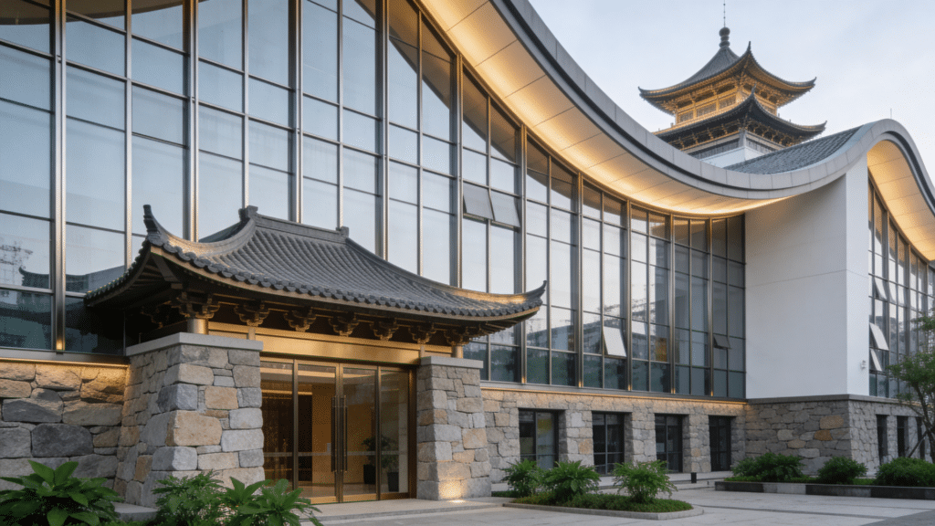 modern glass building with traditional chinese roof design