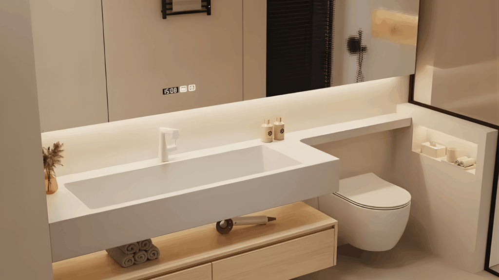 modern japanese bathroom design with floating vanity wall mirror soft lighting and minimal sink with clean neutral interior style