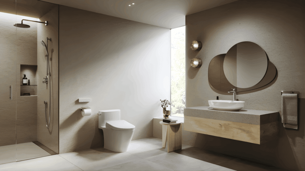 modern japanese bathroom design with walk in shower wall mounted sink round mirror and soft natural light interior