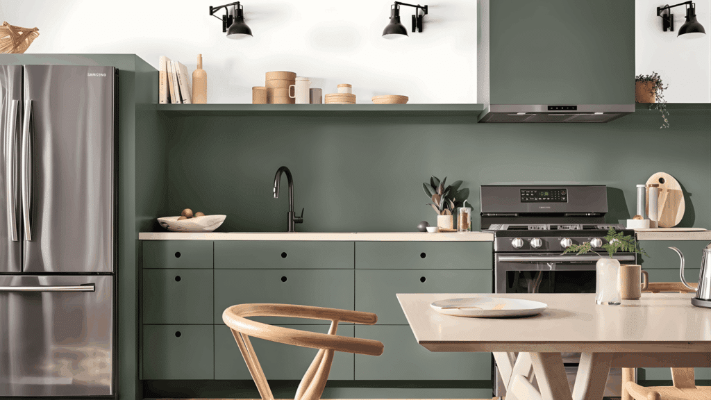 modern kitchen interior with cabinets painted in sherwin williams pewter green with wood dining table chair and stainless steel appliances