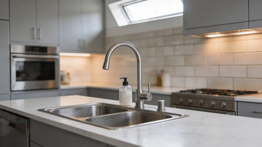 modern kitchen with double bowl stainless steel sink and tall faucet on white countertop showing standard sink sizes layout