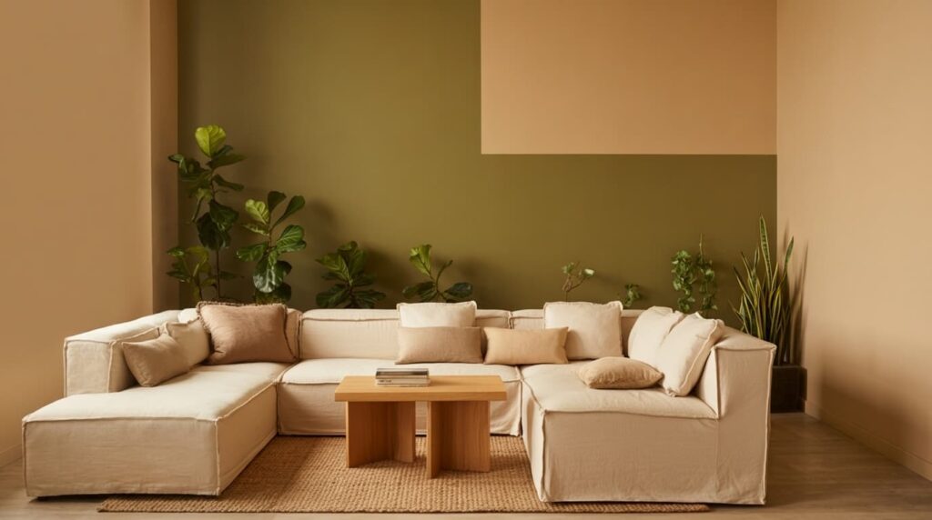 modern living room with beige sofa wooden table indoor plants against two tone wall colors examples in warm neutral shades