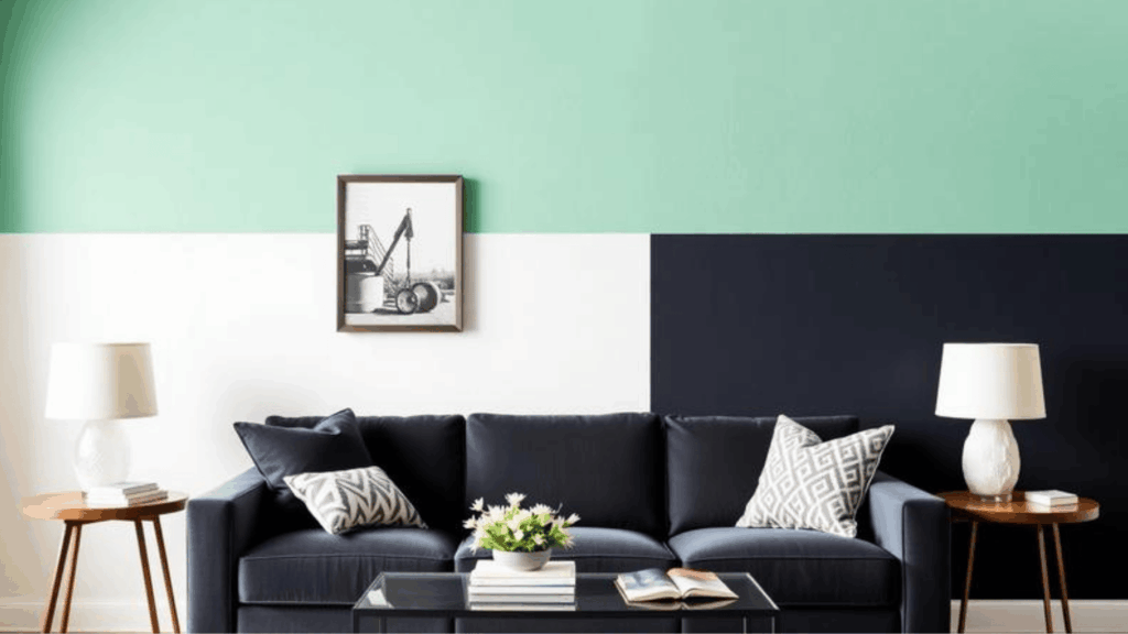 modern living room with black sofa geometric wall art and soft green and white painted walls